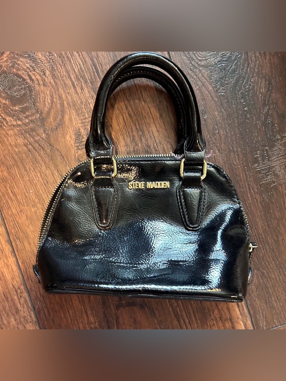 Mini Steve Madden Black Patent Domed Satchel with Gold Hardware. Cute!